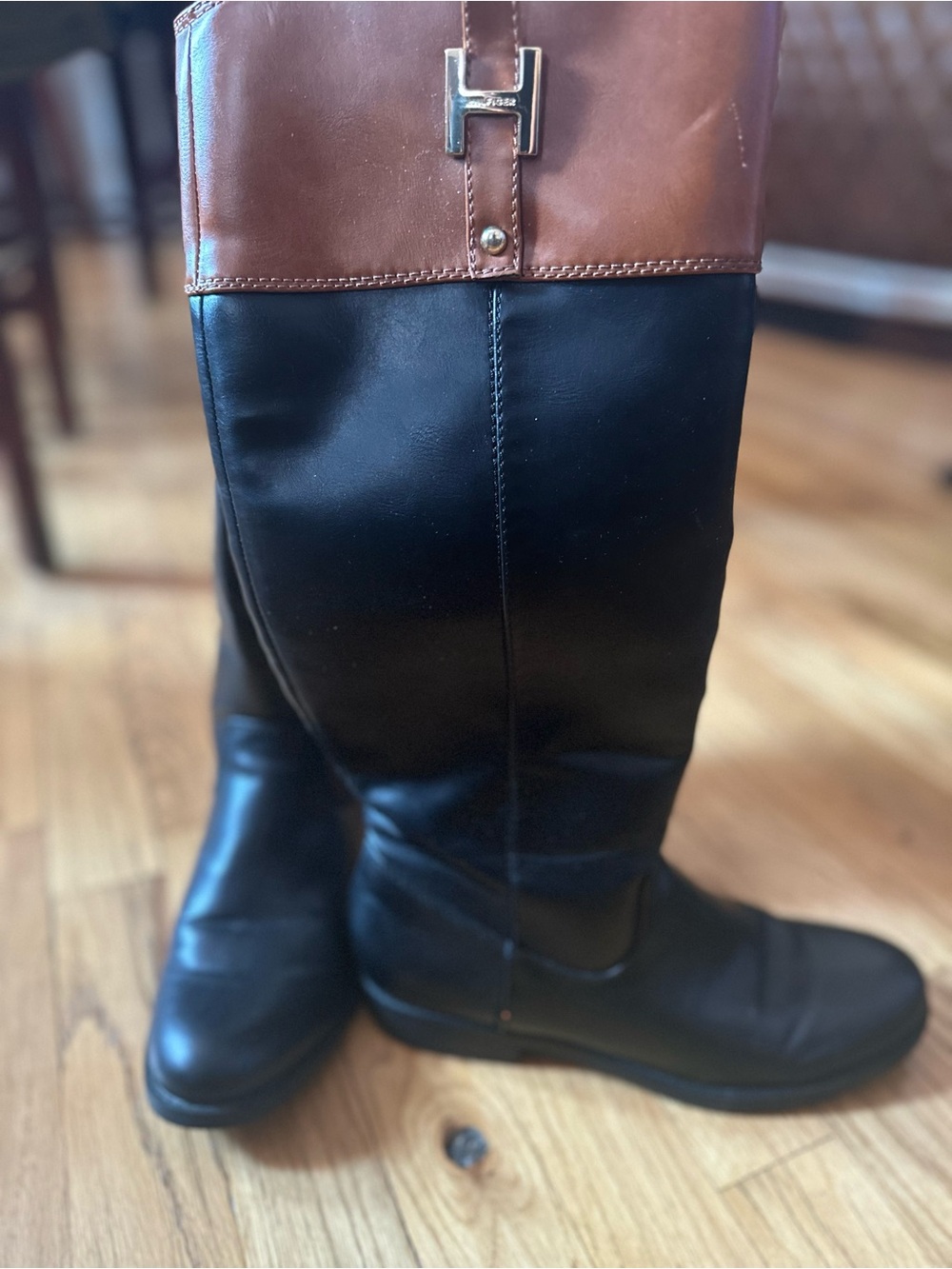 Tommy Hilfiger Two-Tone Tall Riding Boots in Black & Brown